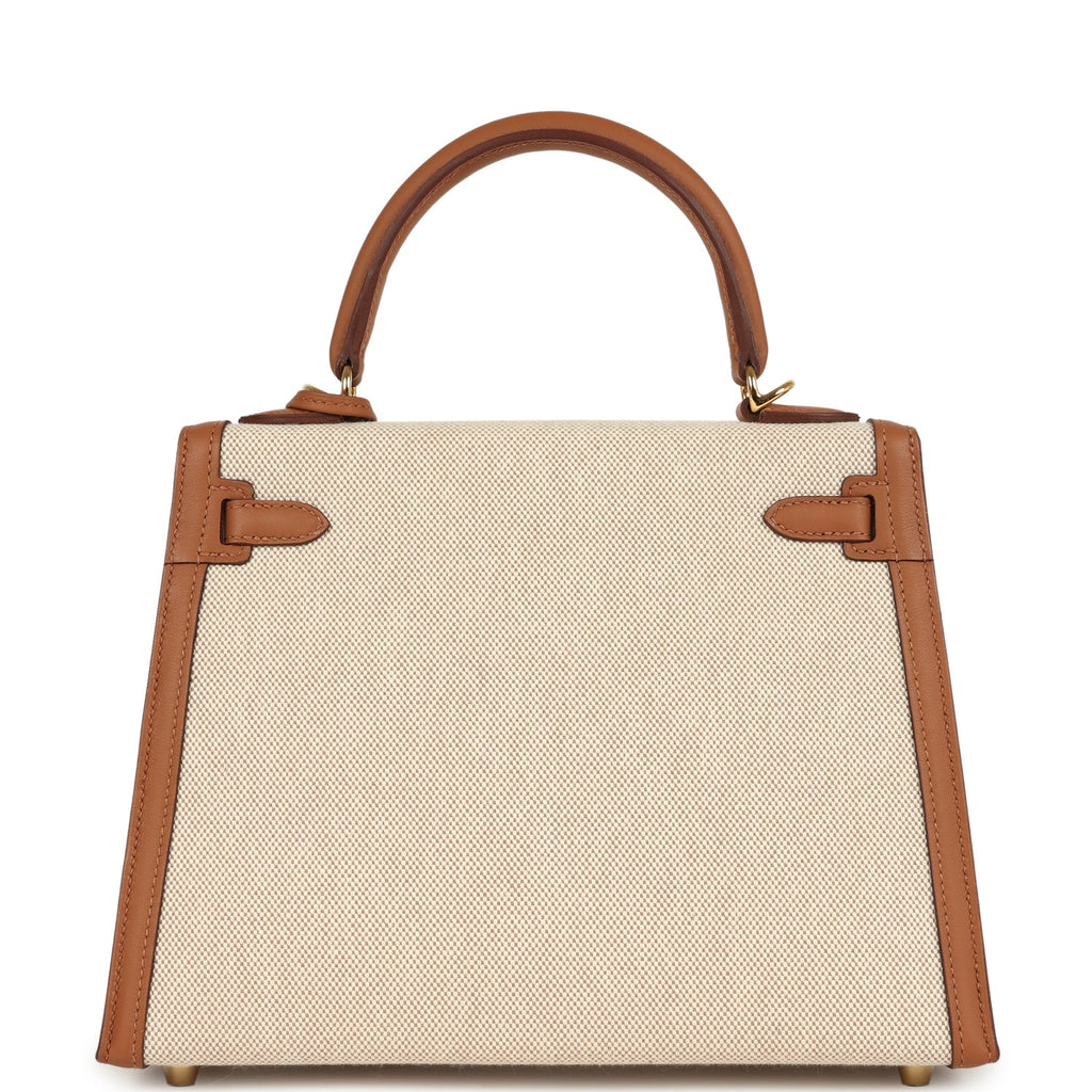 Hermes Kelly Sellier 25 Gold Swift and Ecru & Beige Toile H Canvas Gold Hardware - Image 5