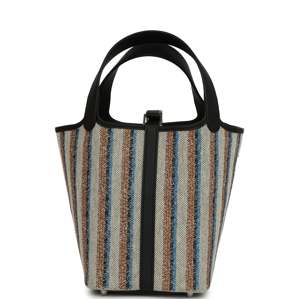 Hermes Stripe Picotin Lock 18 Black Swift and Ecru, Bleu, Black and Fauve Toile H Canvas Palladium Hardware - Image 5