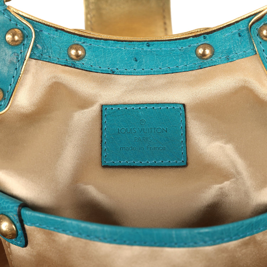 Vintage Louis Vuitton Theda GM Bag Blue and Gold Suede Monogram and Ostrich Gold Hardware - Image 10