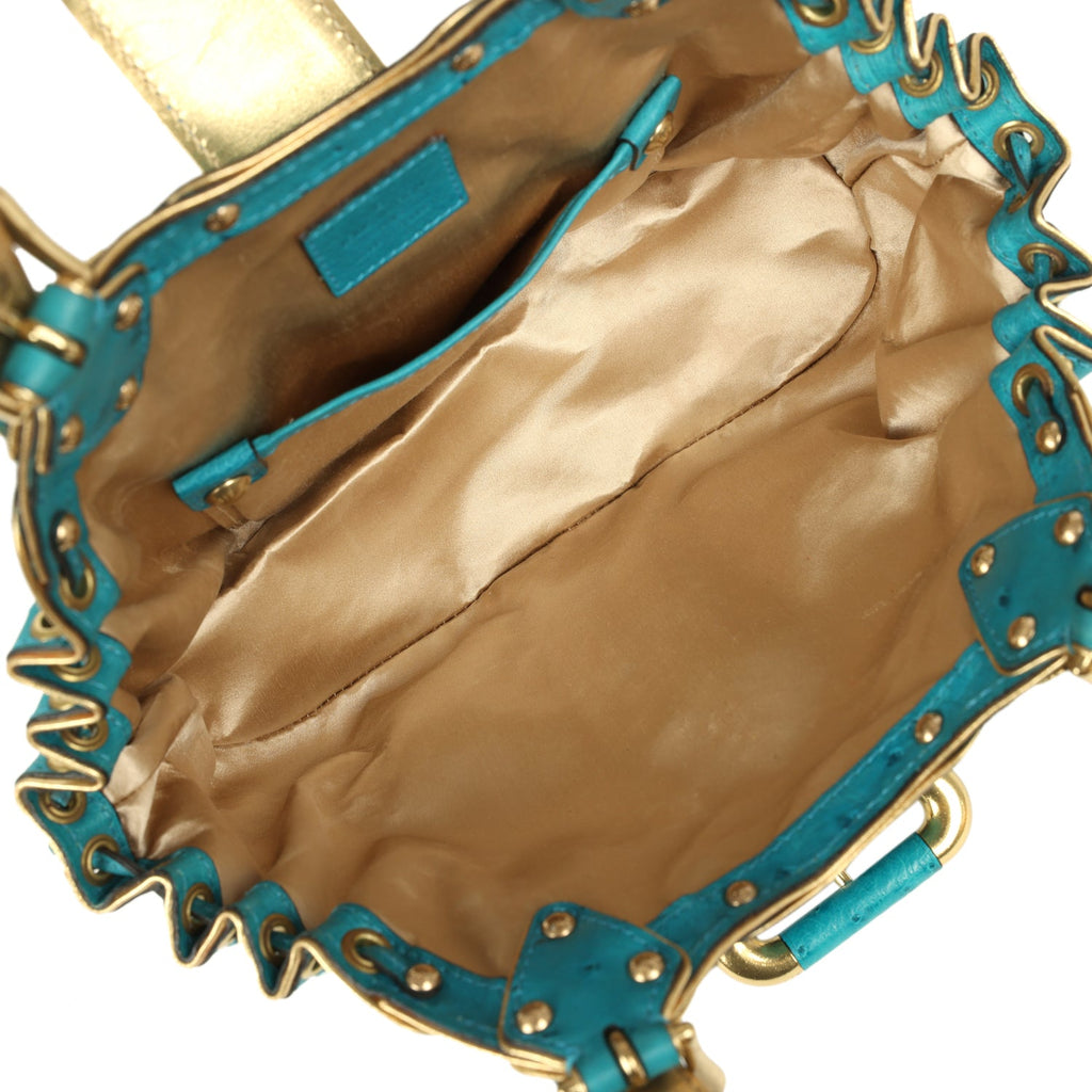 Vintage Louis Vuitton Theda GM Bag Blue and Gold Suede Monogram and Ostrich Gold Hardware - Image 11