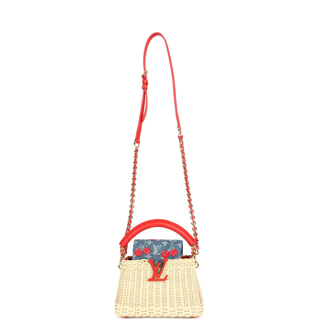 Louis Vuitton X Takashi Murakami Capucines Mini Red and Blue Monogram Cherry Denim and Rattan Wicker Gold Hardware - Image 8