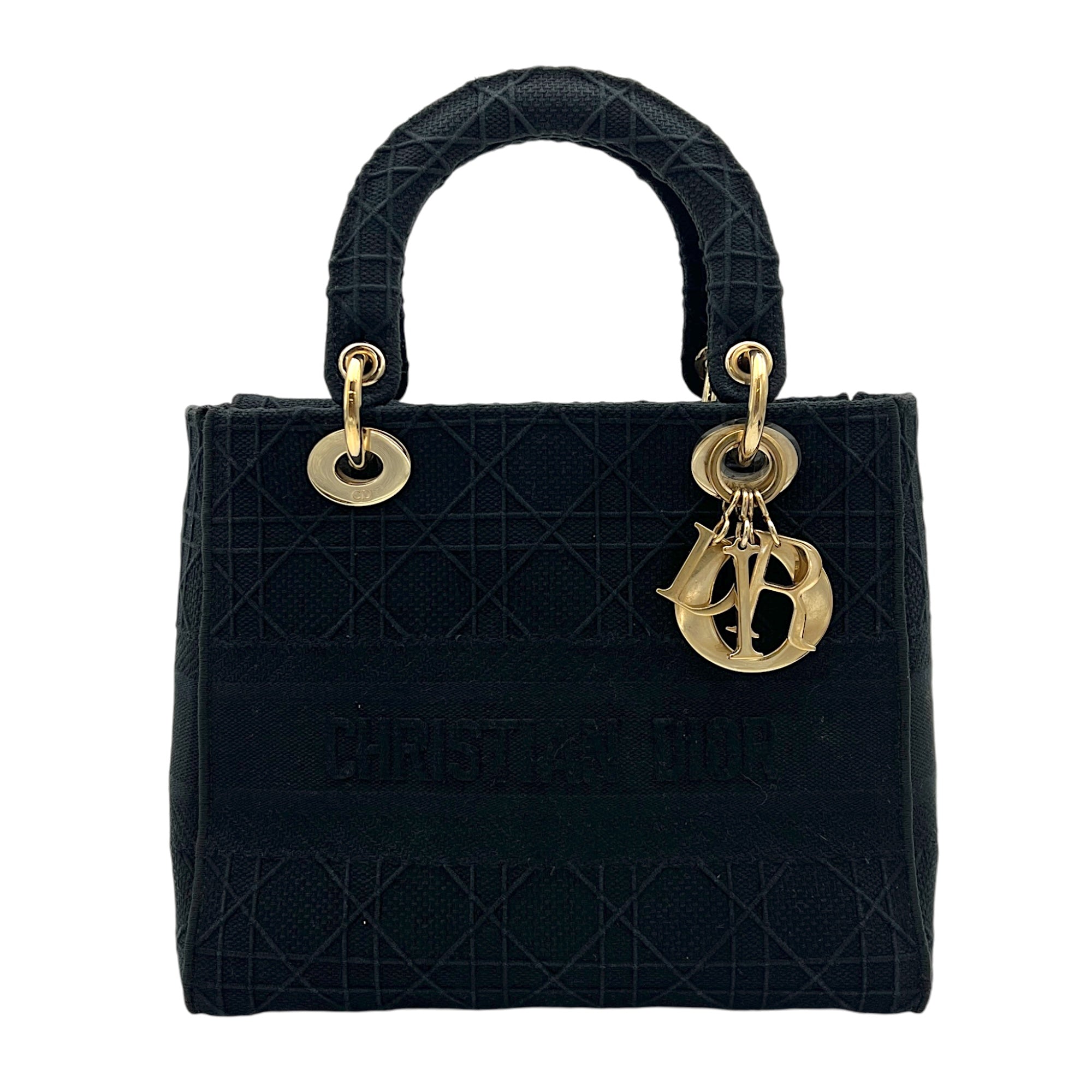 Lady D-Lite Medium Black Top Handle Bag in Canvas, Gold hardware