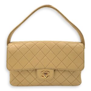 Vintage Double Face Flap Beige Shoulder Bag in Lambskin, Gold hardware