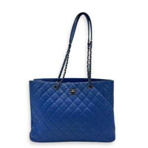 CC Quilted Blue Tote Bag in Caviar Leather, Ruthenium hardware