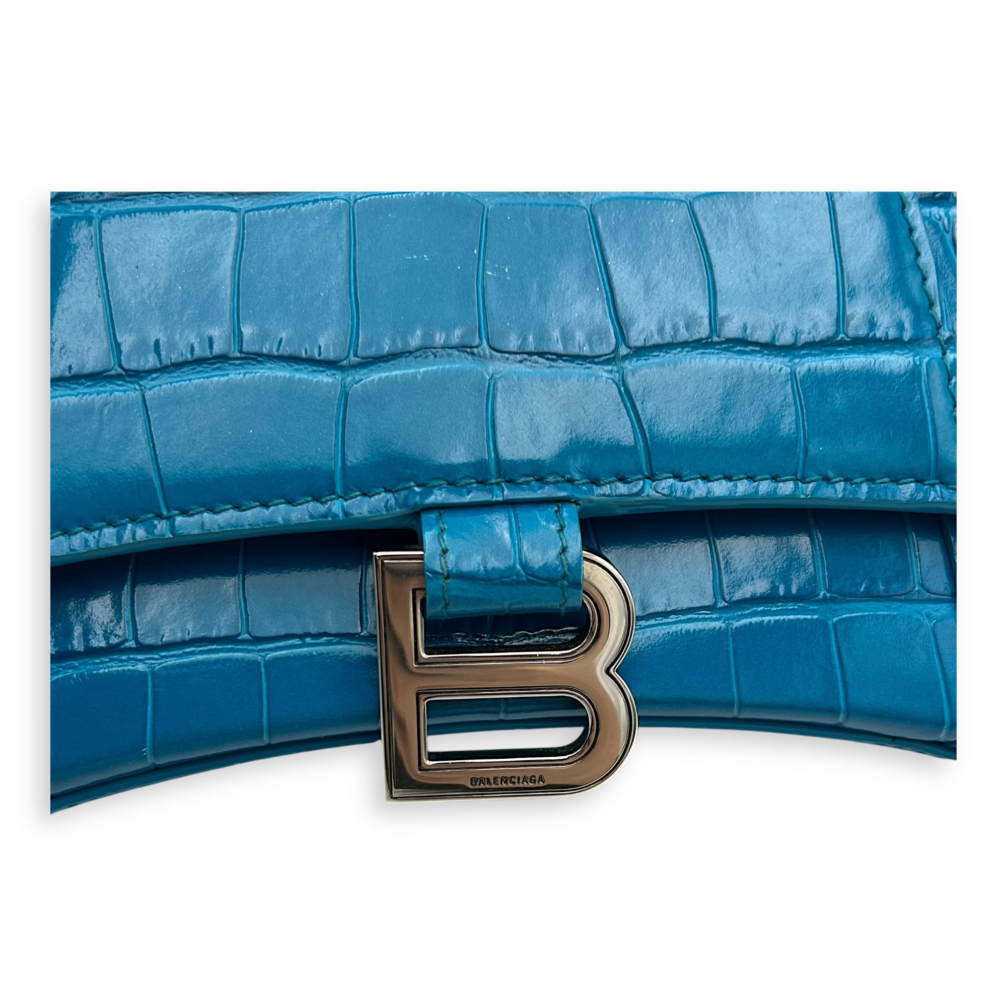 Hourglass Top Handle Bag Blue in Crocodile Embossed Calfskin, Silver hardware - Image 12