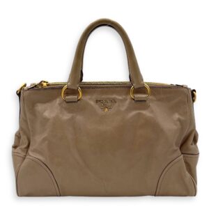 Logo Top Handle Bag Beige in Calfskin, Gold hardware