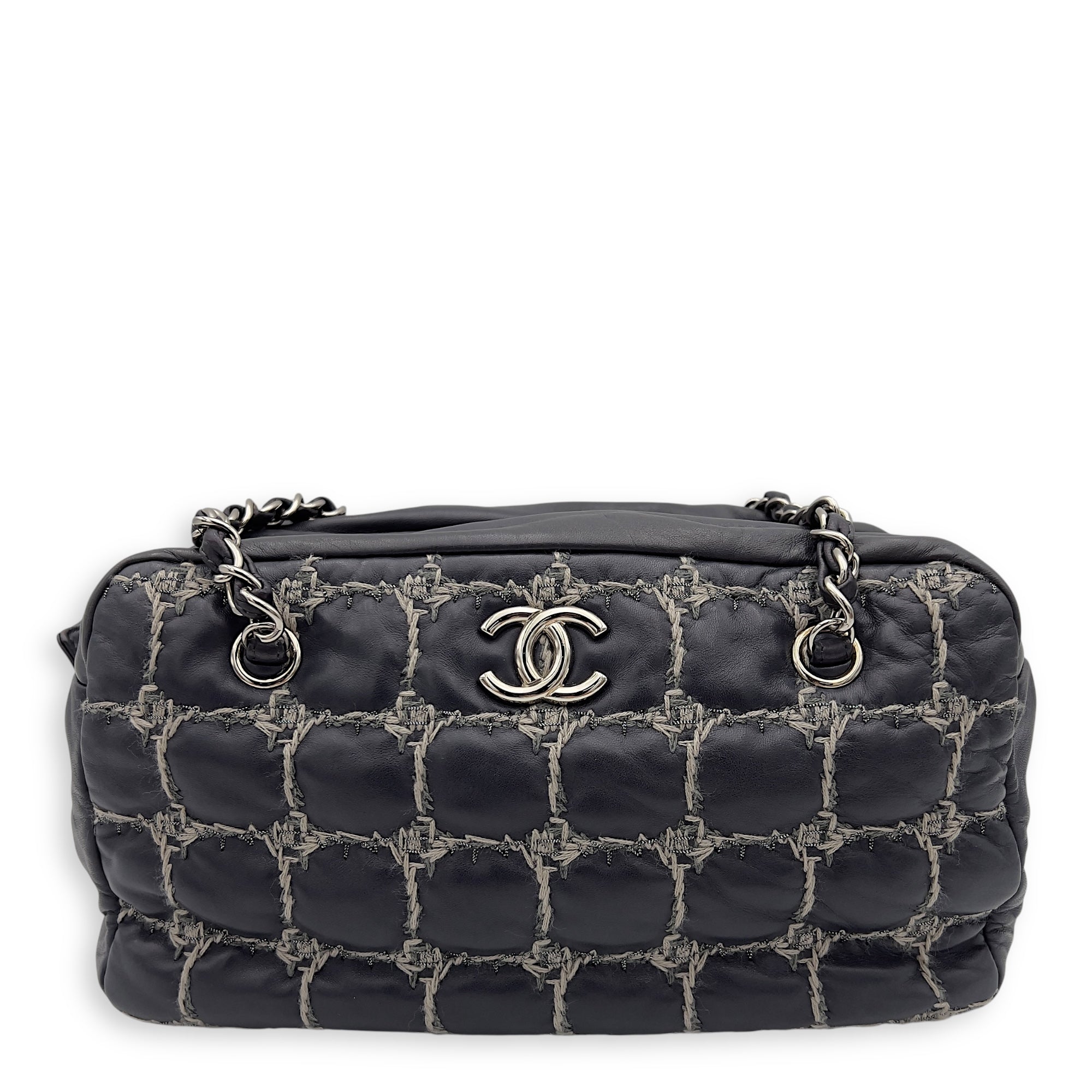 Double Stitch Bubble Grey Shoulder Bag in Tweed and Lambskin, Silver hardware