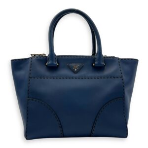 Logo Top Handle Bag Blue in Calfskin, Gold hardware