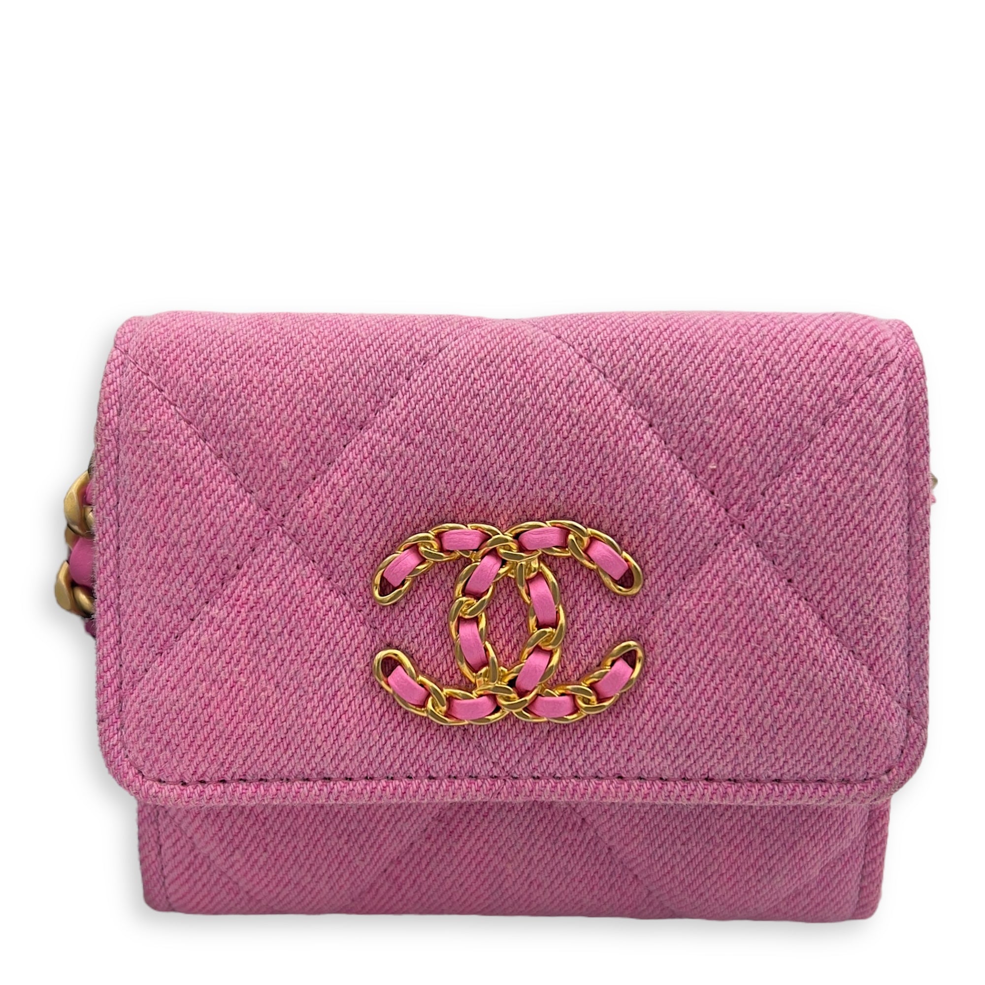 C19 Pink Wallet On Chain in Denim, Gold hardware