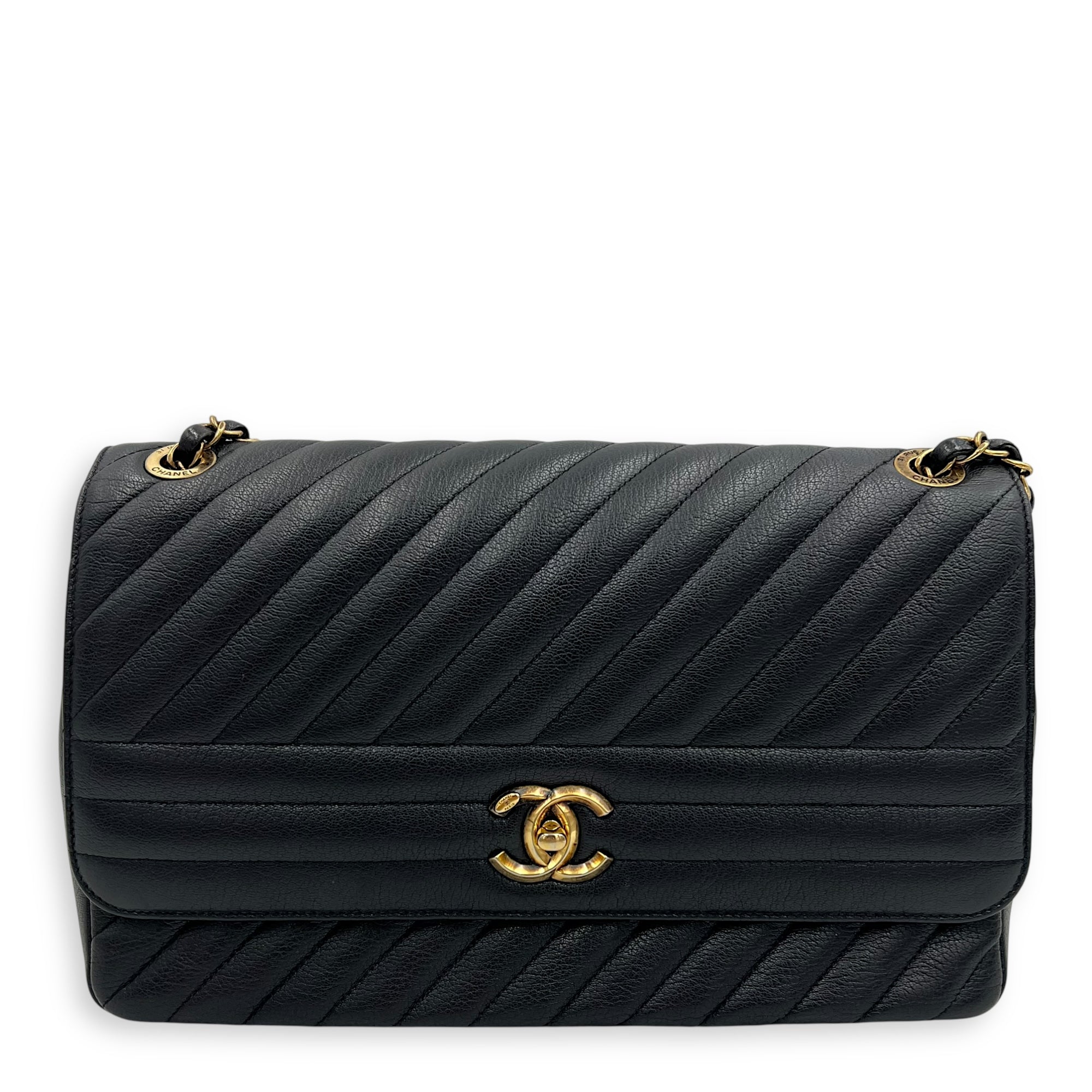 Diagonal Quilted Shoulder Bag Black in Goat Leather, Gold hardware