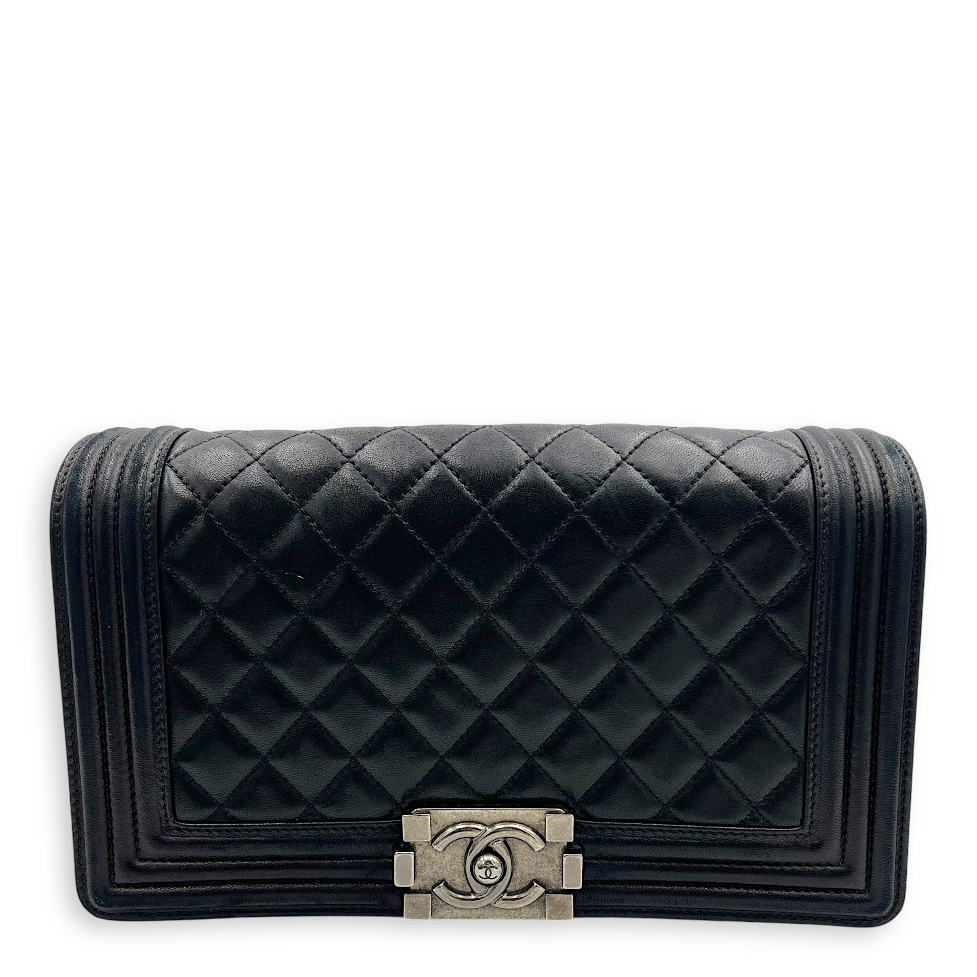 Boy Medium Black Shoulder Bag in Lambskin with Stingray Strap, Ruthenium hardware