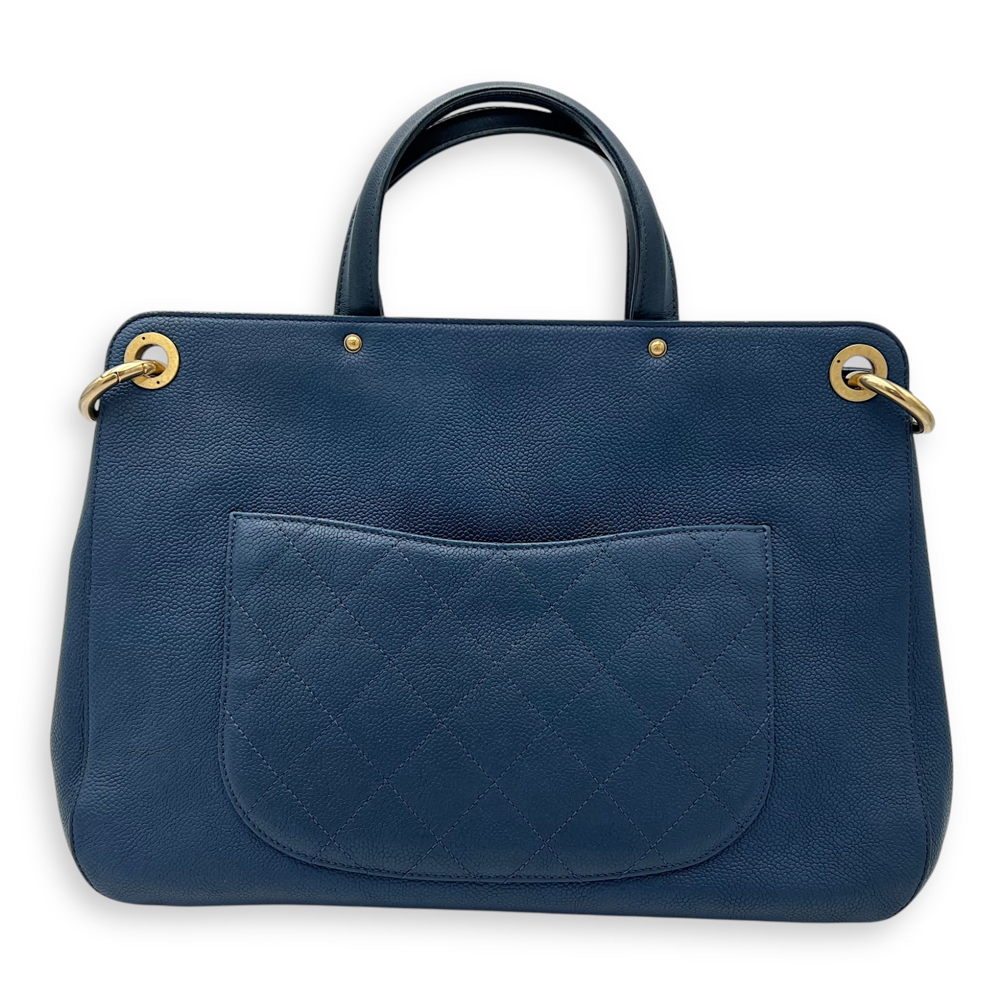 CC Lock Top Handle Bag Blue in Caviar Leather, Gold hardware - Image 3