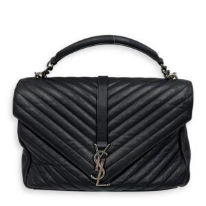 College Large Grey Shoulder Bag in Calfskin, Silver hardware