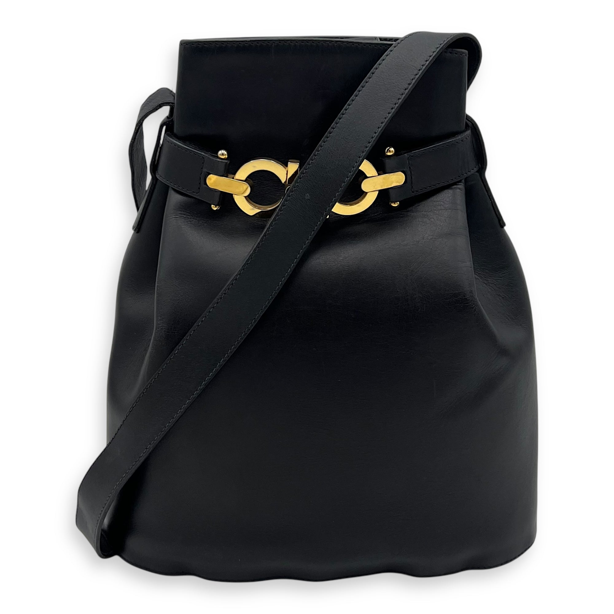 Gancini Black Shoulder Bag in Calfskin, Gold hardware - Image 16