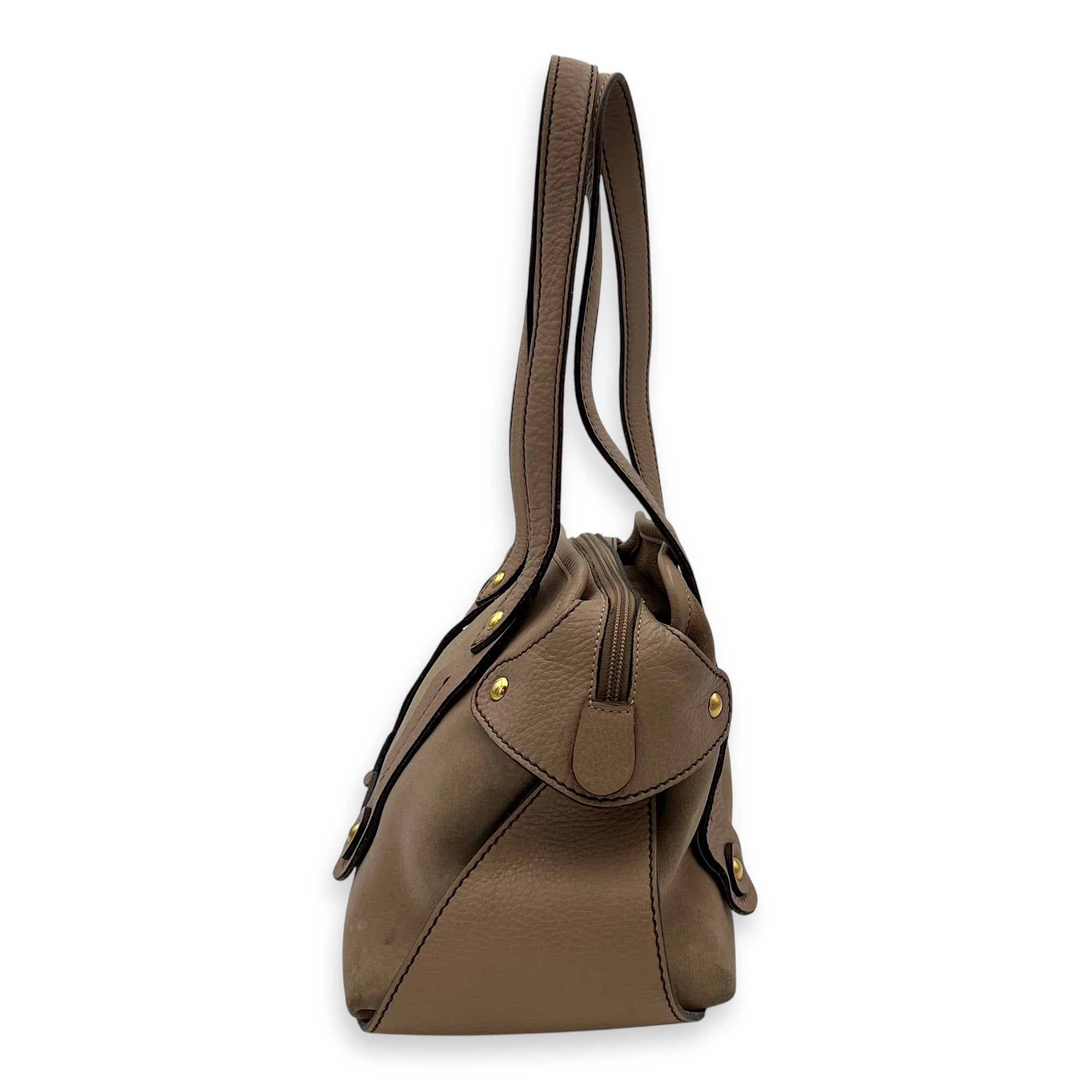 Gancini Beige Shoulder Bag in Suede Leather, Gold hardware - Image 4