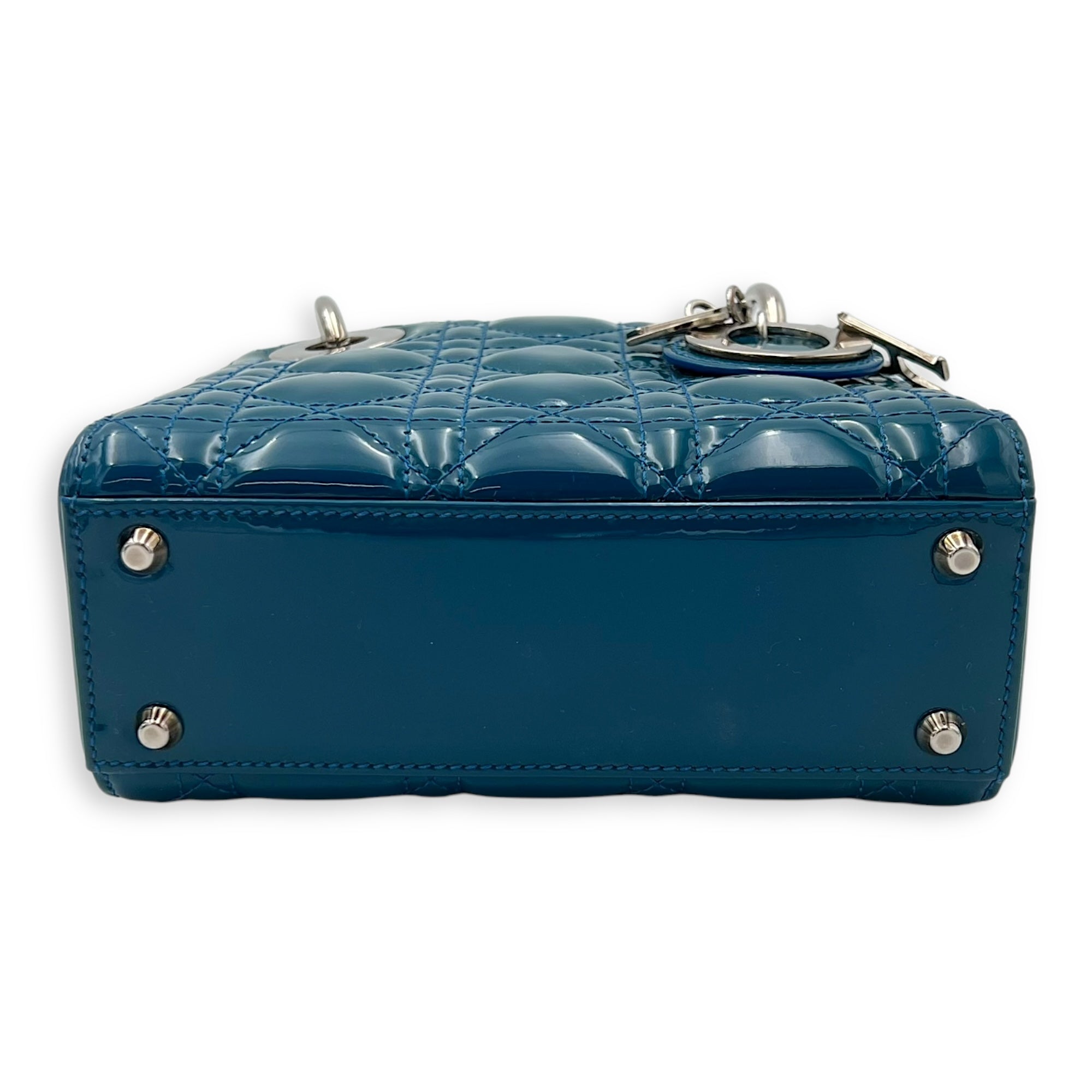 Lady Dior Mini Blue Top Handle Bag in Patent Leather, Silver hardware - Image 6