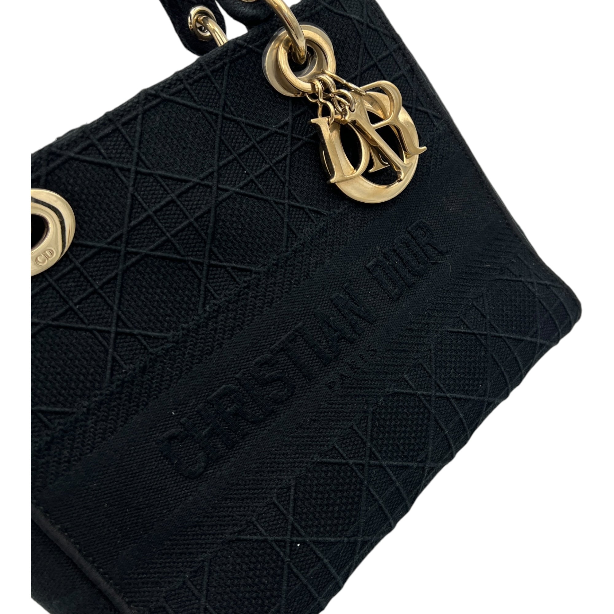 Lady D-Lite Medium Black Top Handle Bag in Canvas, Gold hardware - Image 8