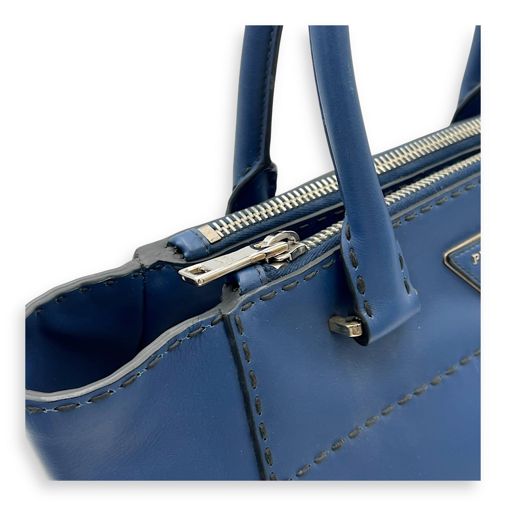 Logo Top Handle Bag Blue in Calfskin, Gold hardware - Image 8