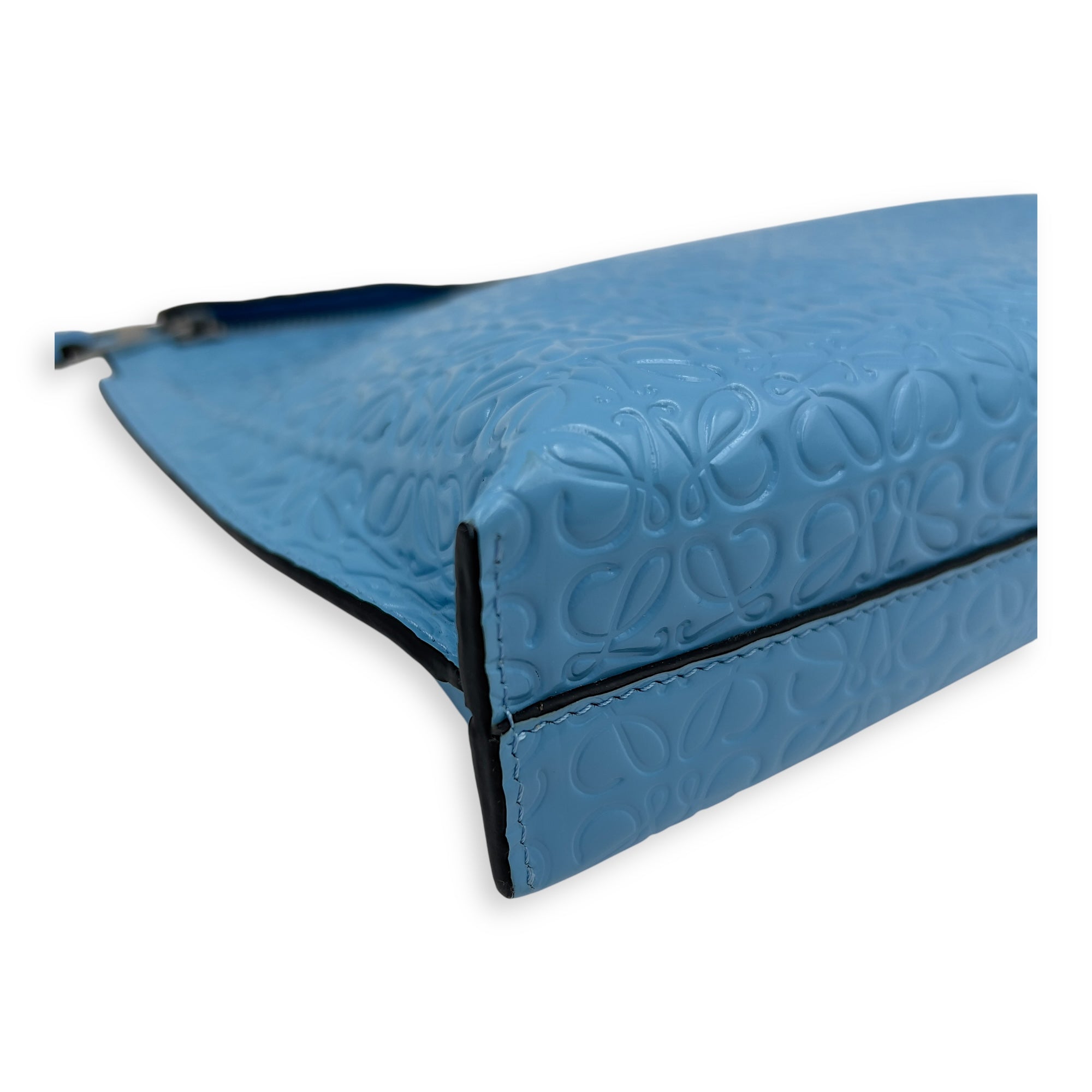 Anagram T Blue Pouch in Patent Embossed Calfskin, Silver hardware - Image 8
