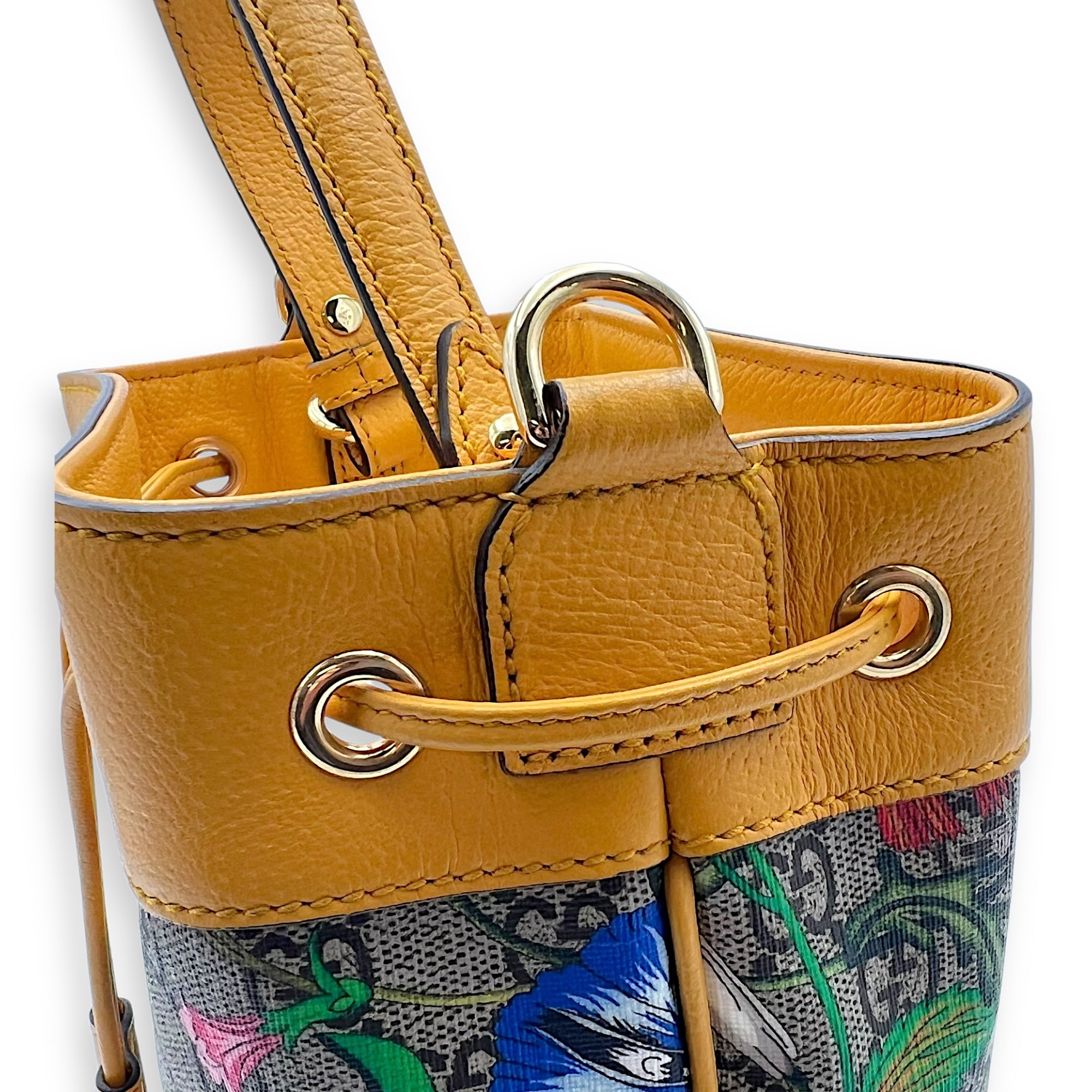 Ophidia Bucket Bag Yellow in Coated Canvas, Gold hardware - Image 10