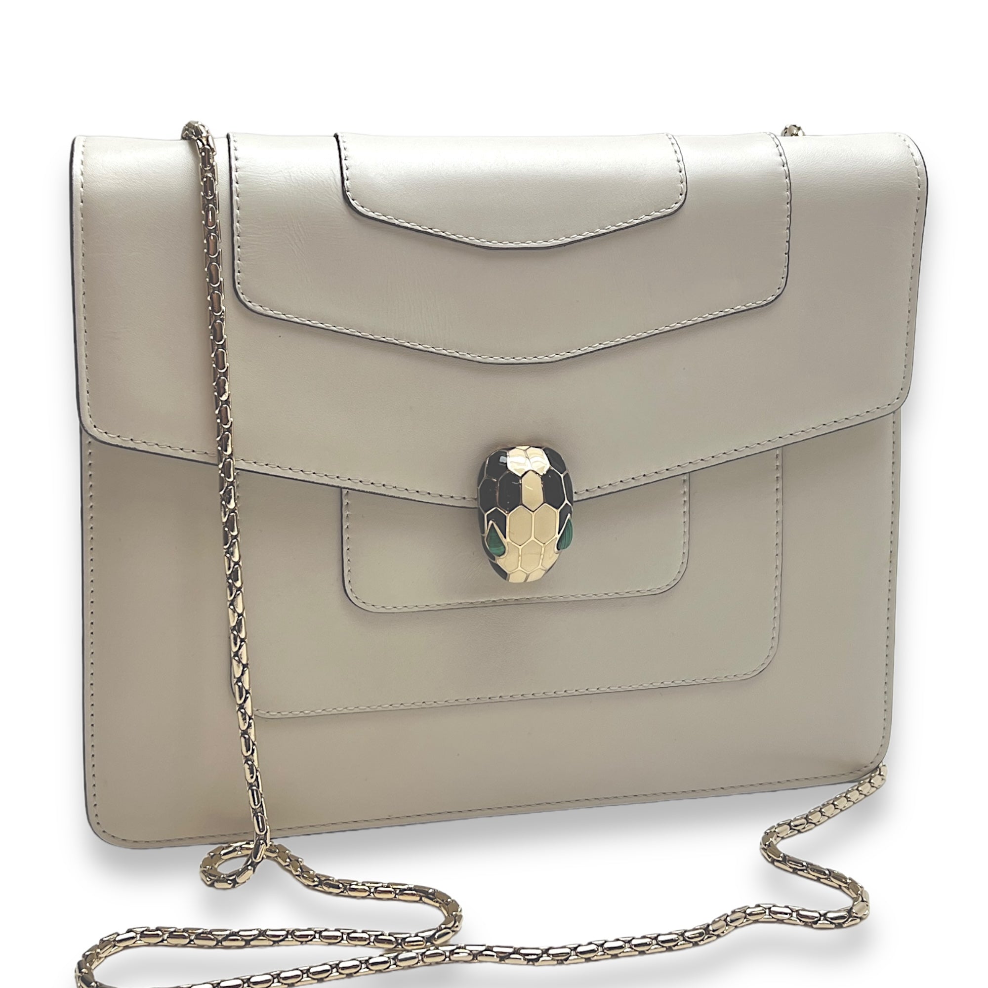 Serpenti Forever Medium White Shoulder Bag in Calfskin, Light Gold hardware - Image 11