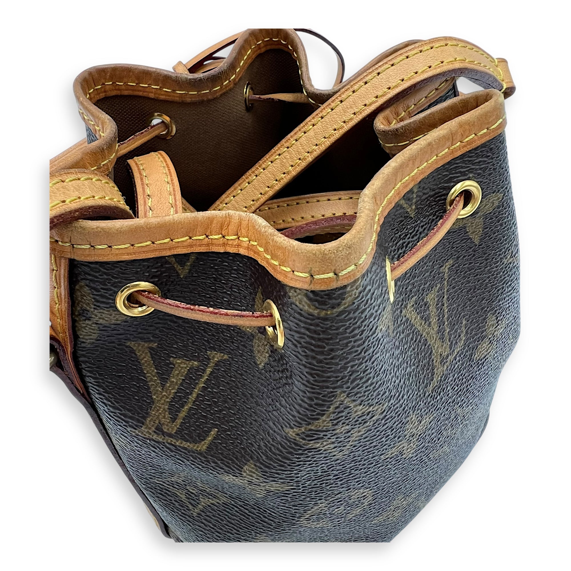 Noe Nano Brown Bucket Bag in Monogram Coated Canvas, Gold hardware - Image 10