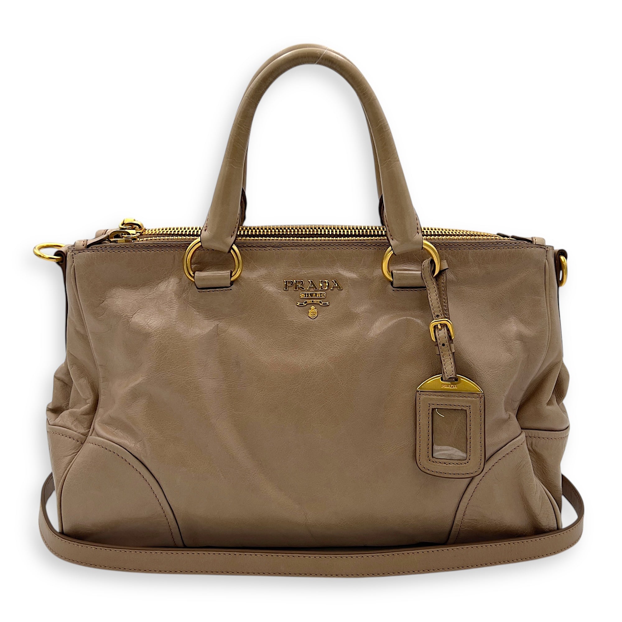 Logo Top Handle Bag Beige in Calfskin, Gold hardware - Image 11