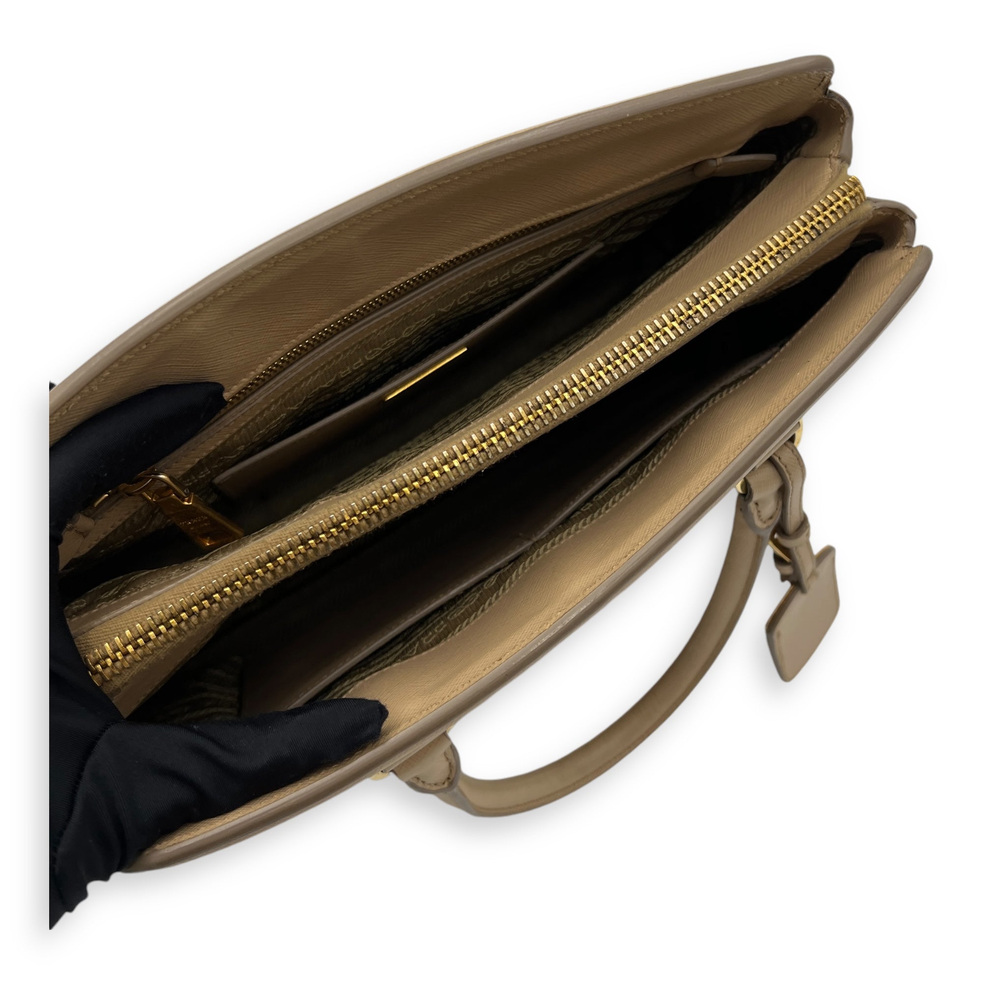 Triangle Top Handle Bag Beige in Calfskin, Gold hardware - Image 13