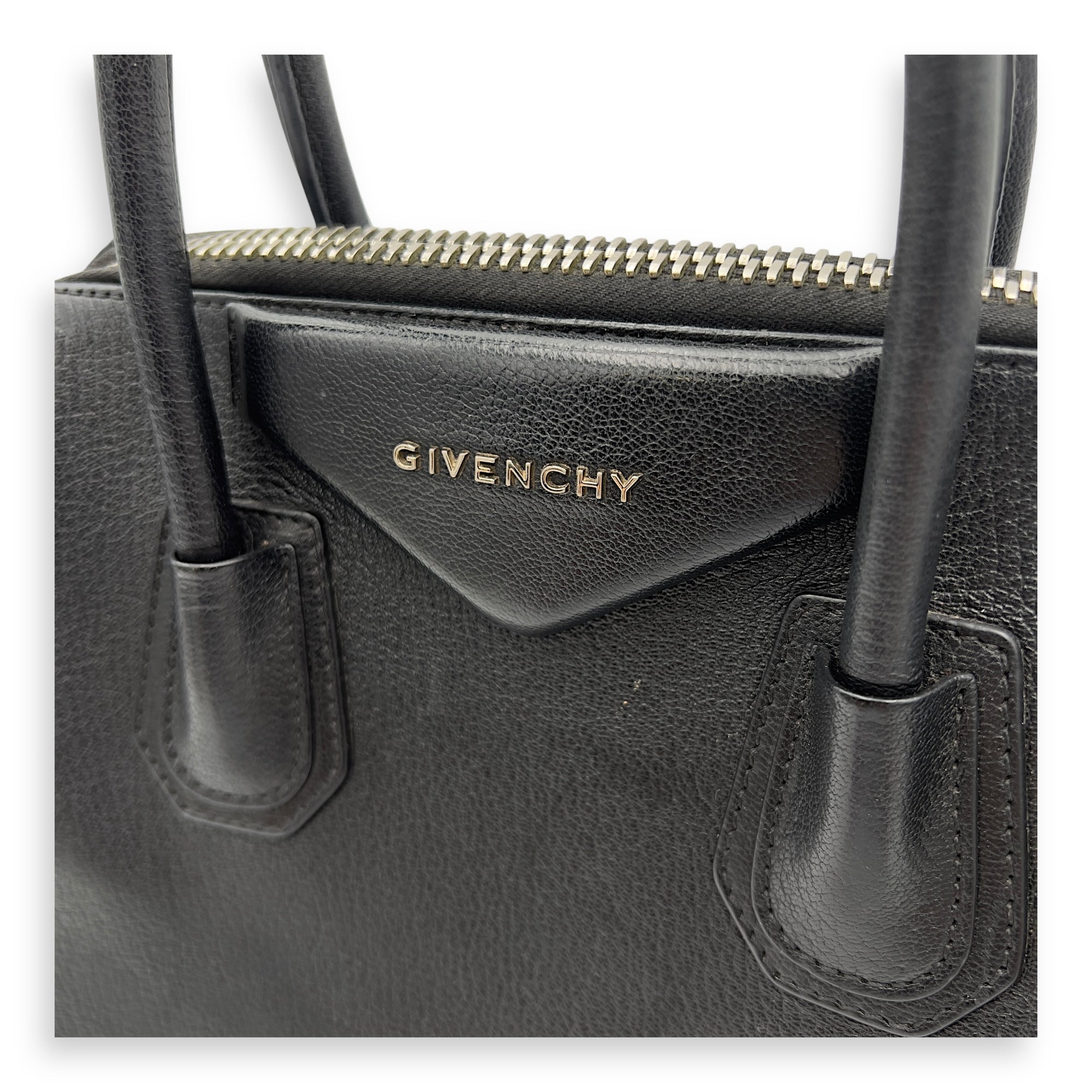 Antigona Black Top Handle Bag in Goat Leather, Silver hardware - Image 8