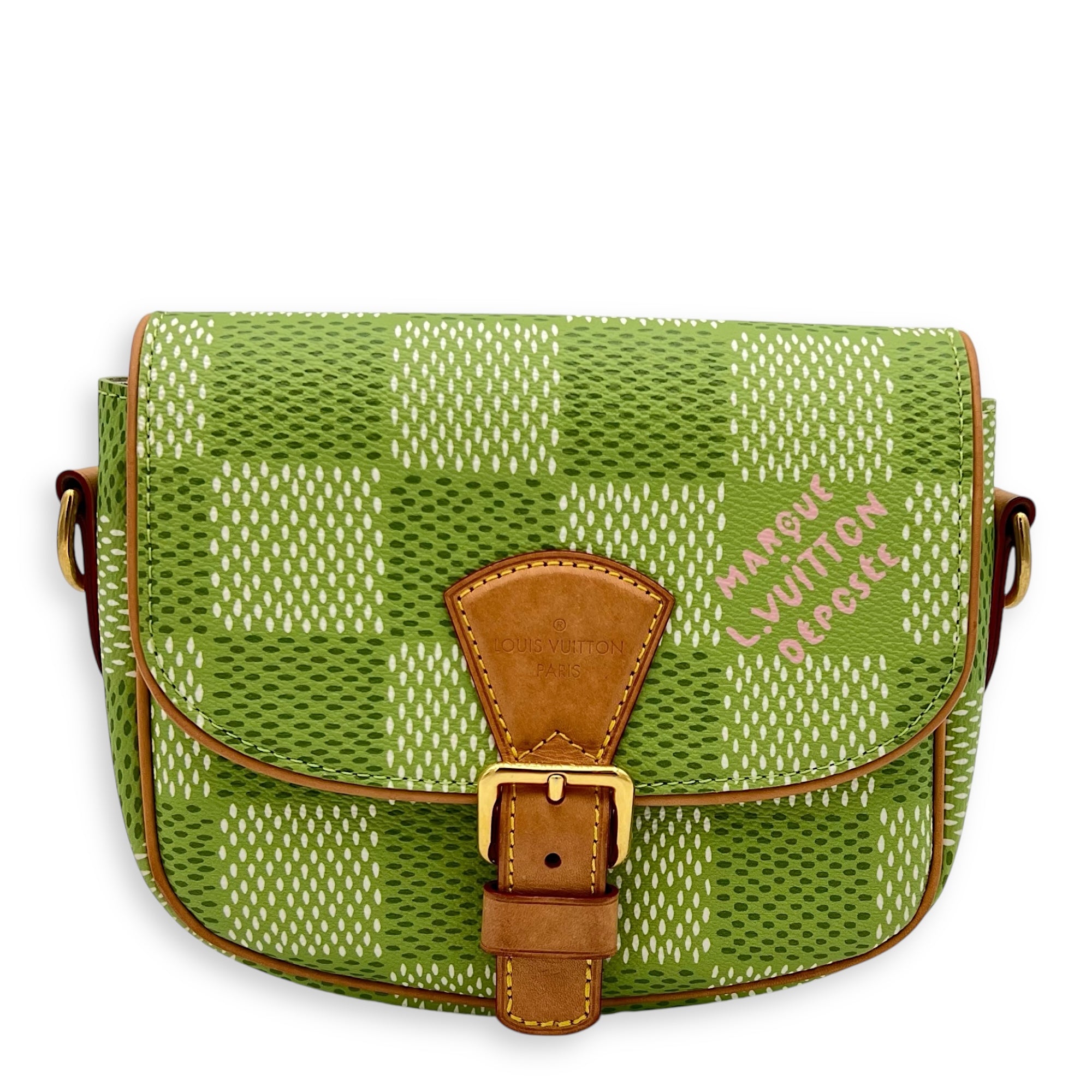 Montsouris Crossbody Bag Green in Coated Canvas, Gold hardware