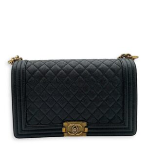 Boy New Medium Blue Shoulder Bag in Caviar Leather, Gold hardware