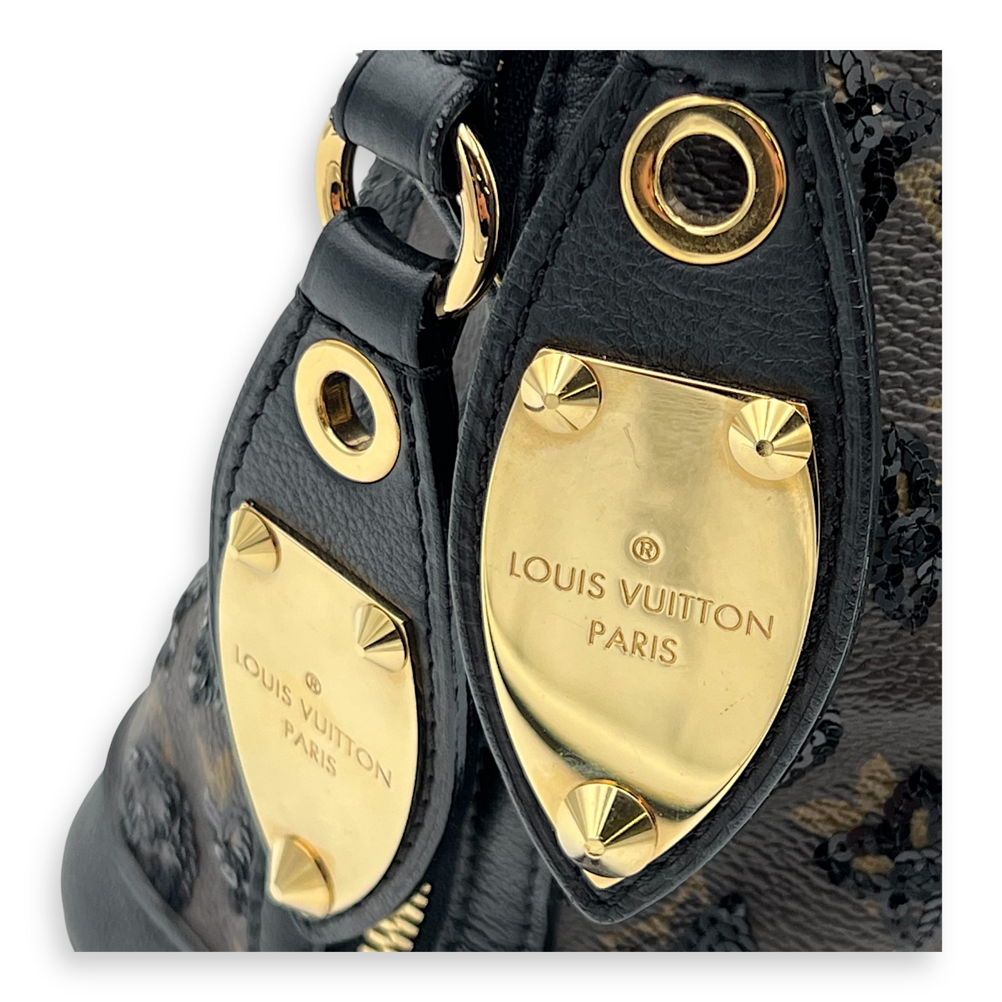 Alma Top Handle Bag Brown in Leather and sequins, Gold hardware - Image 11