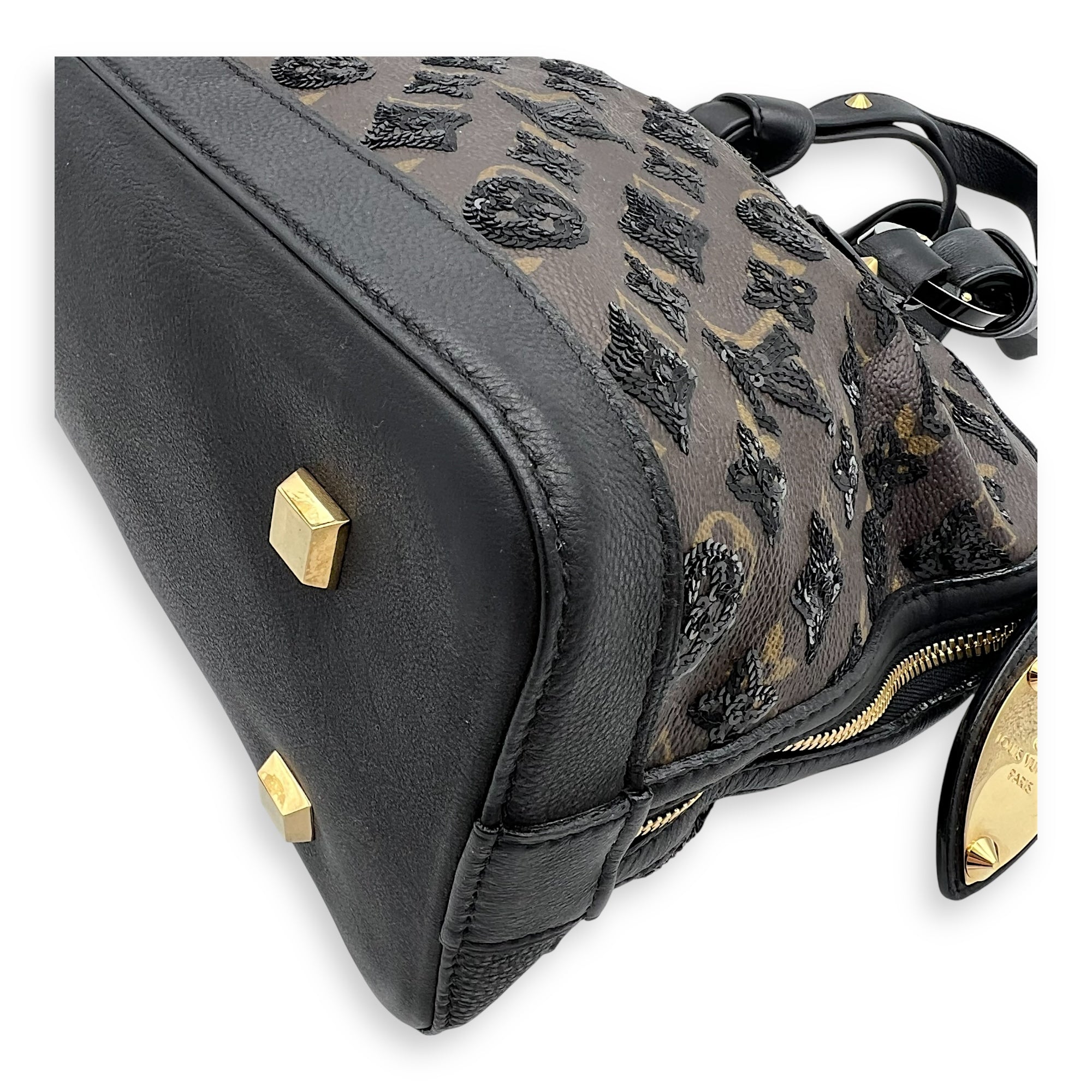 Alma Top Handle Bag Brown in Leather and sequins, Gold hardware - Image 8