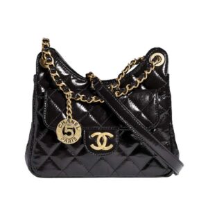 Small Hobo Bag Shiny Crumpled Calfskin & Gold-Tone Metal Black