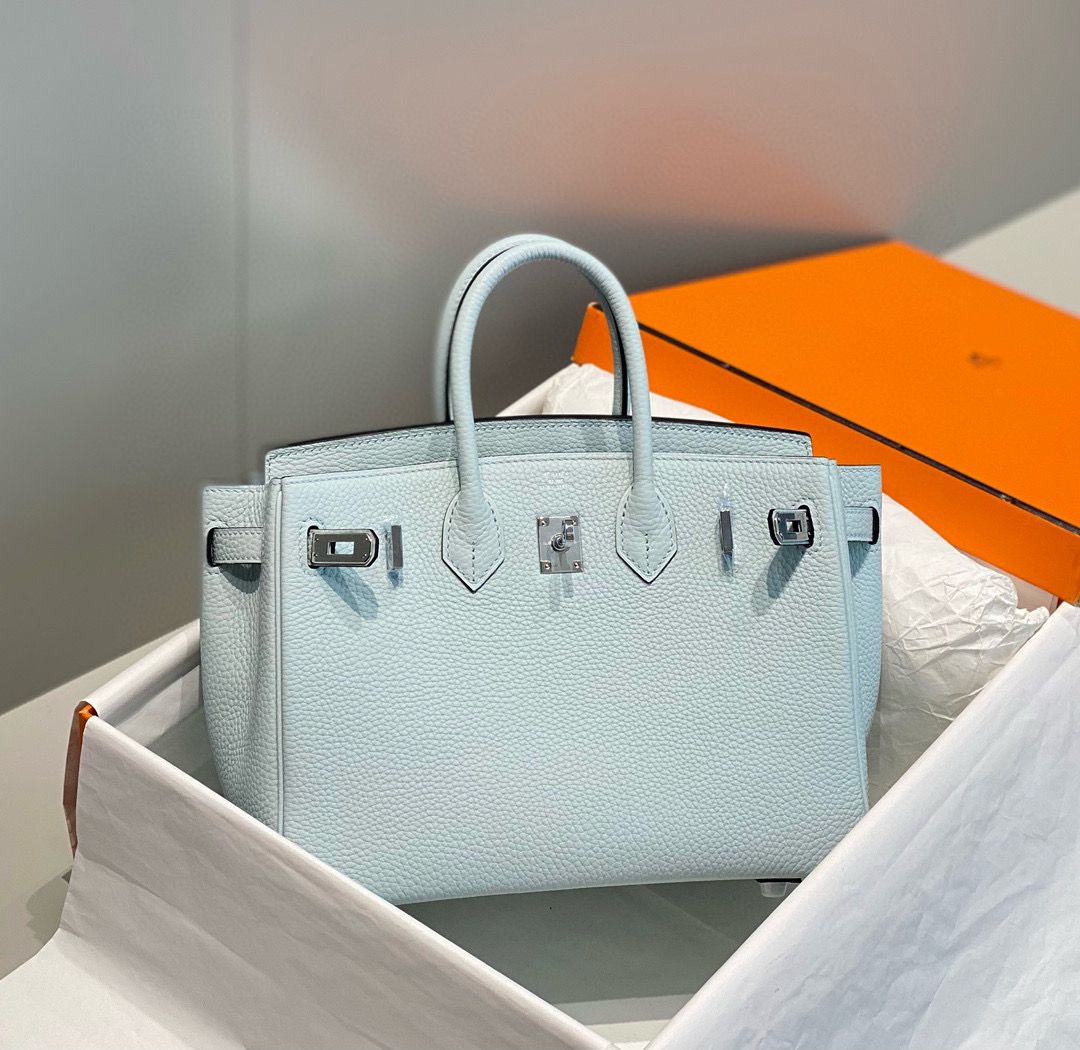 Hermes Birkin 25cm Bag In Blue Brume Clemence Leather PHW - Image 4
