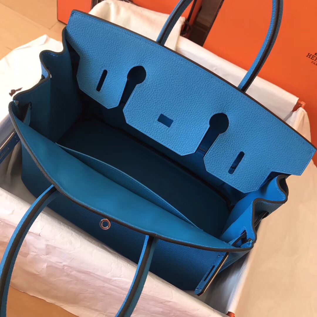 Hermes Birkin 30 Handmade Bag In Blue Zanzibar Clemence Leather - Image 5