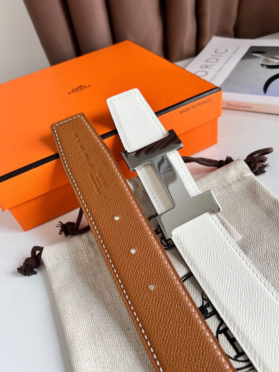 Hermes Constance Reversible Belt 38MM in Gold and White Epsom Calfskin - Image 5