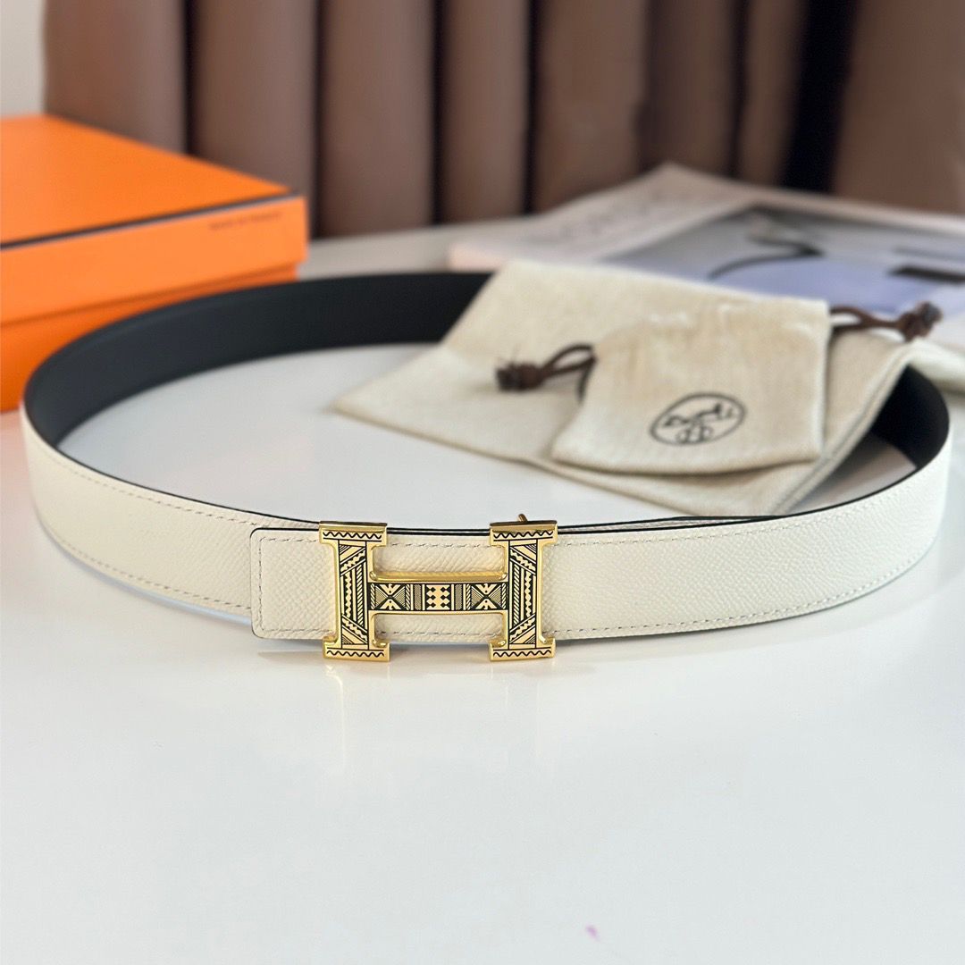 Hermes H Touareg Reversible Belt 32MM in White Epsom Leather - Image 3
