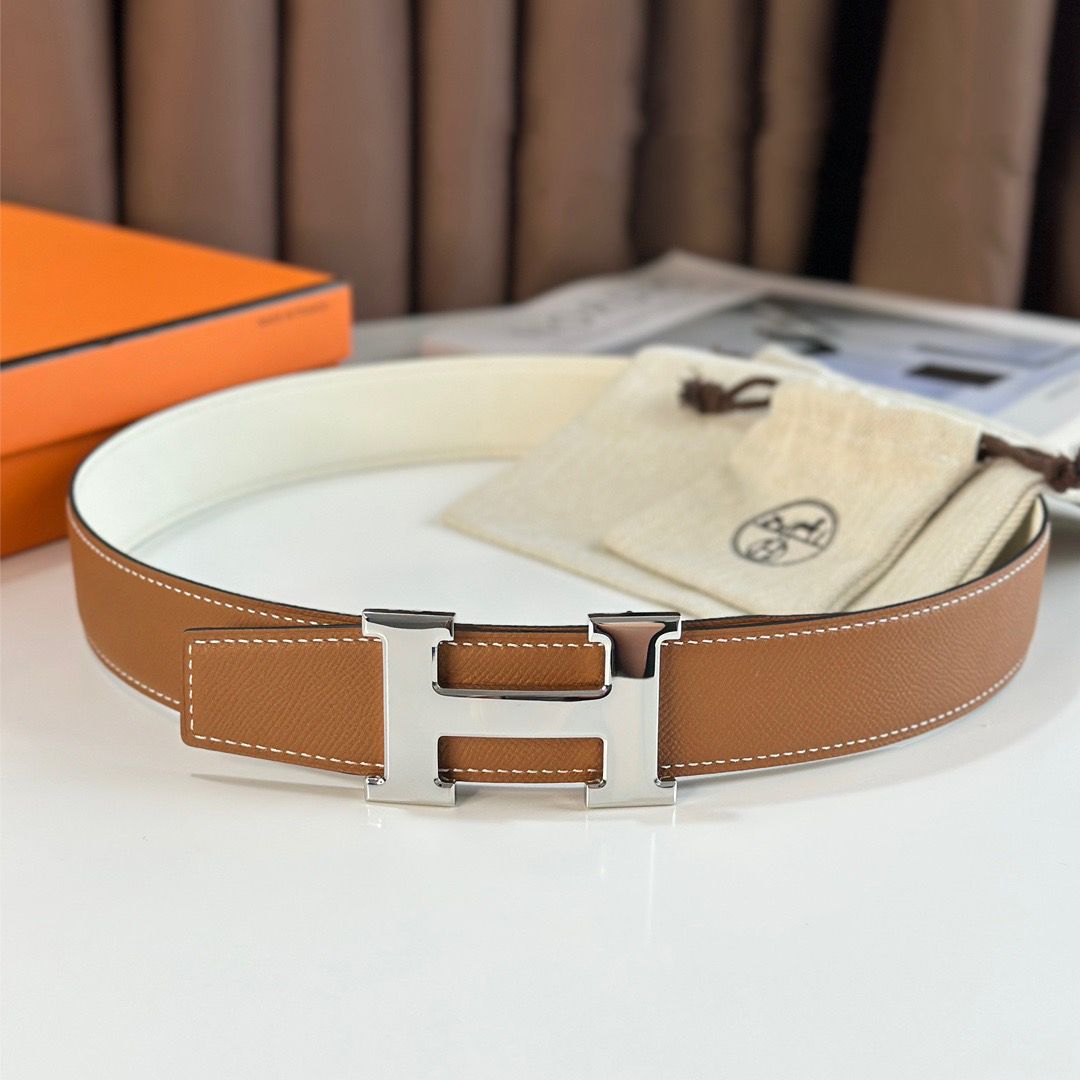 Hermes H Reversible Belt 38MM in White and Gold Epsom Leather - Image 3