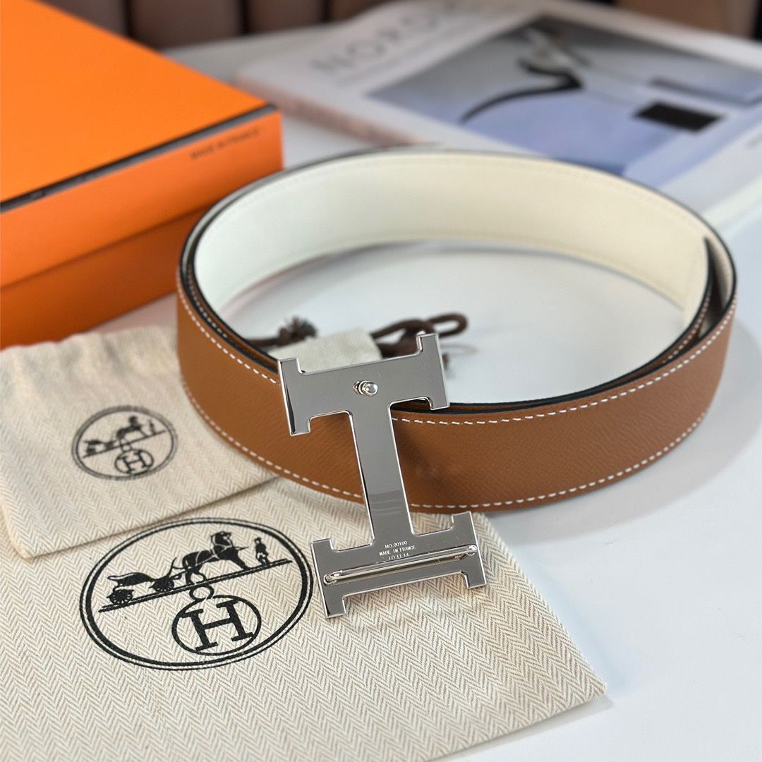 Hermes H Reversible Belt 38MM in White and Gold Epsom Leather - Image 6