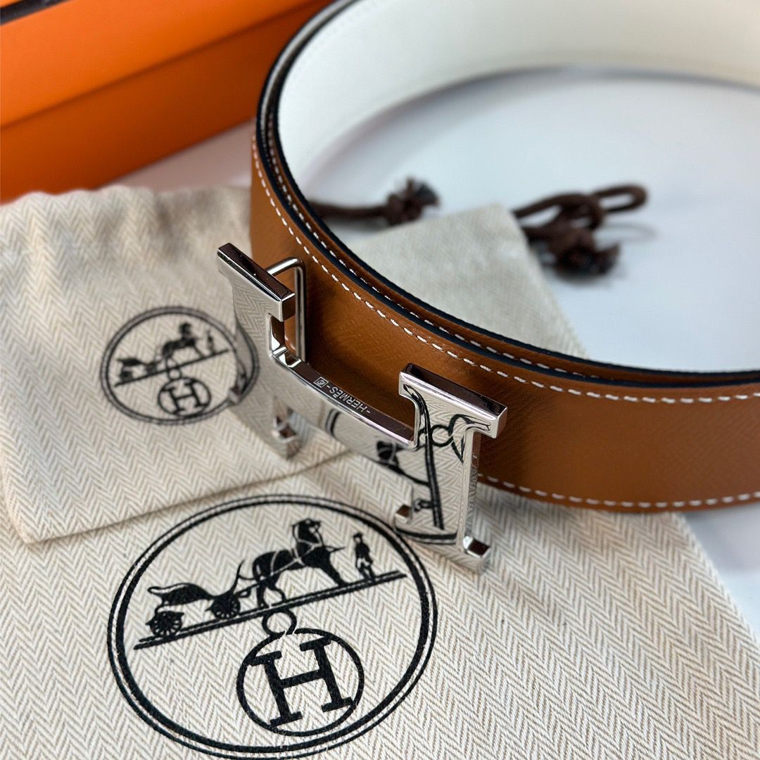 Hermes H Reversible Belt 38MM in White and Gold Epsom Leather - Image 7