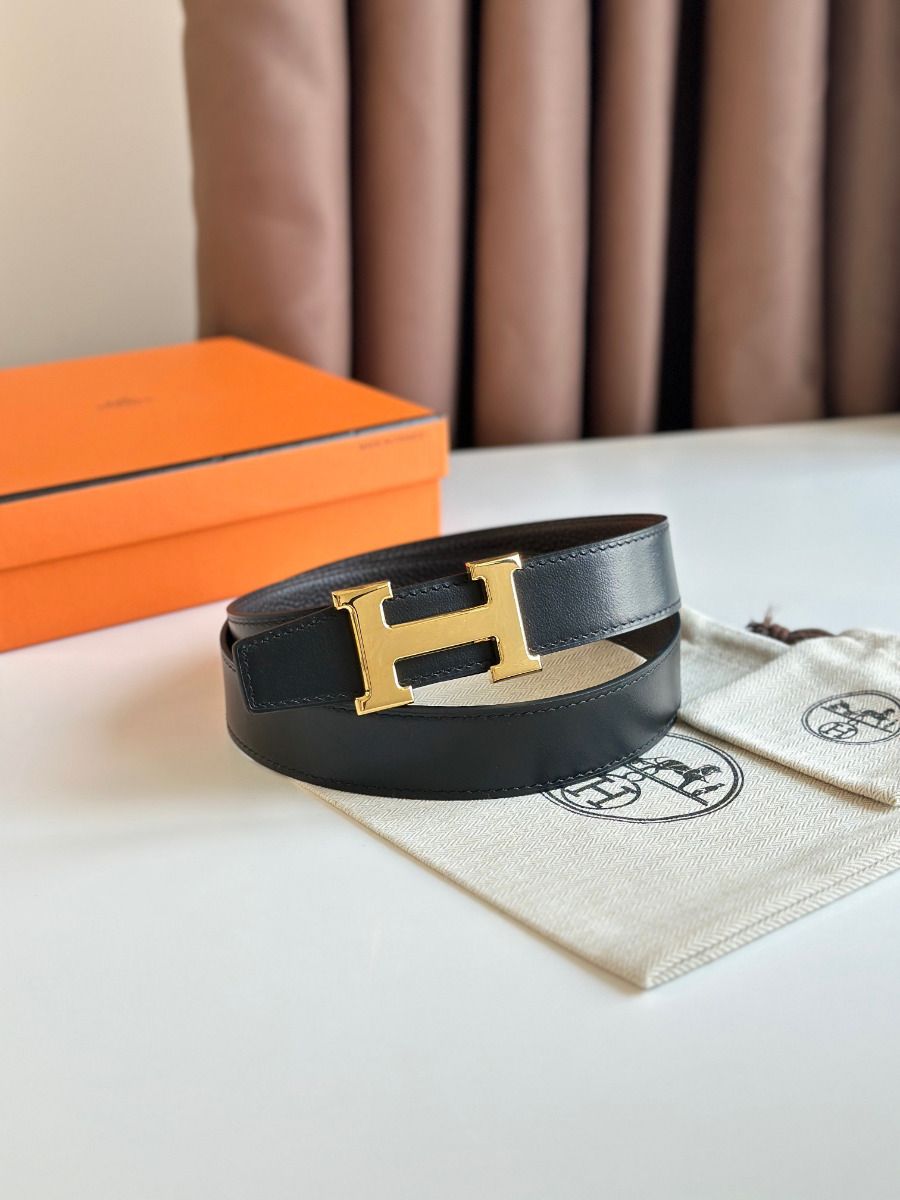 Hermes H Reversible Belt 32MM in Chocolate Clemence Leather - Image 3