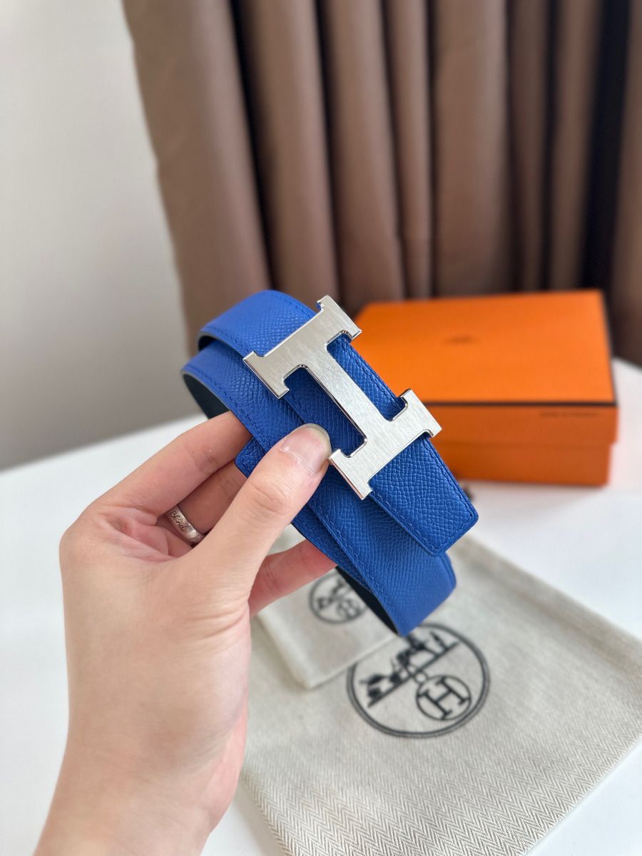 Hermes H Reversible Belt 32MM in Blue and Black Epsom Leather - Image 4