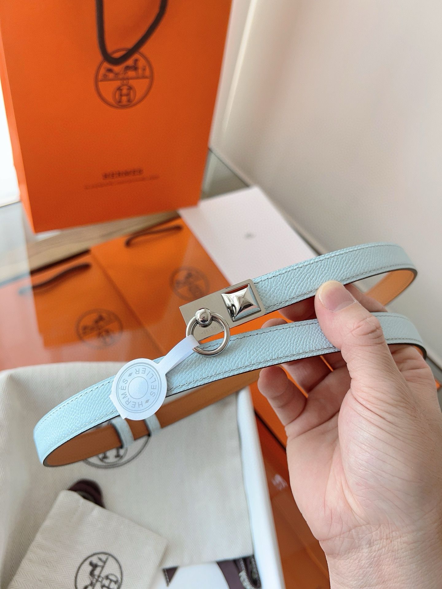 Hermes Rivale 18 Belt in Blue Brume Epsom Calfskin - Image 9