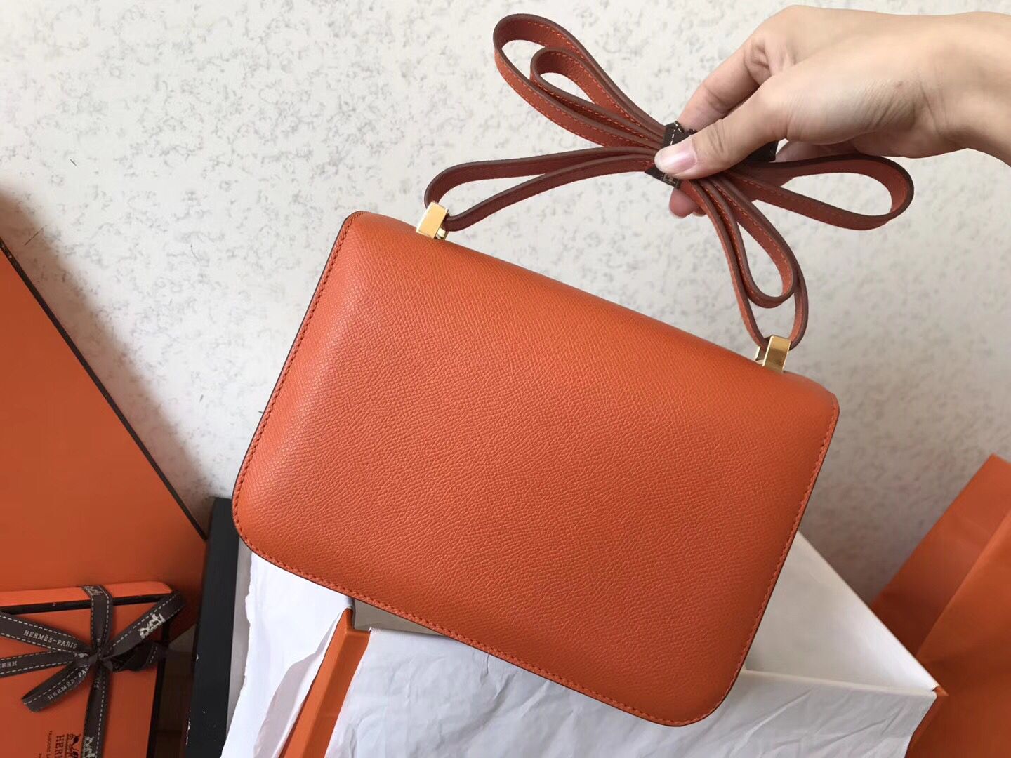 Hermes Constance 24 Handmade Bag In Orange Epsom Leather - Image 3
