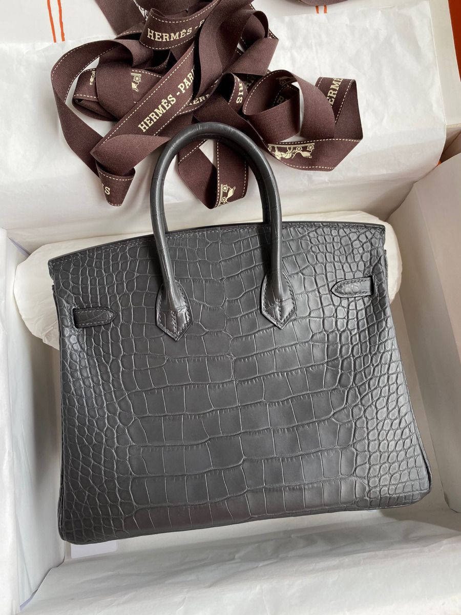 Hermes Birkin 25 Bag In Dark Grey Matte Alligator Crocodile Skin - Image 3