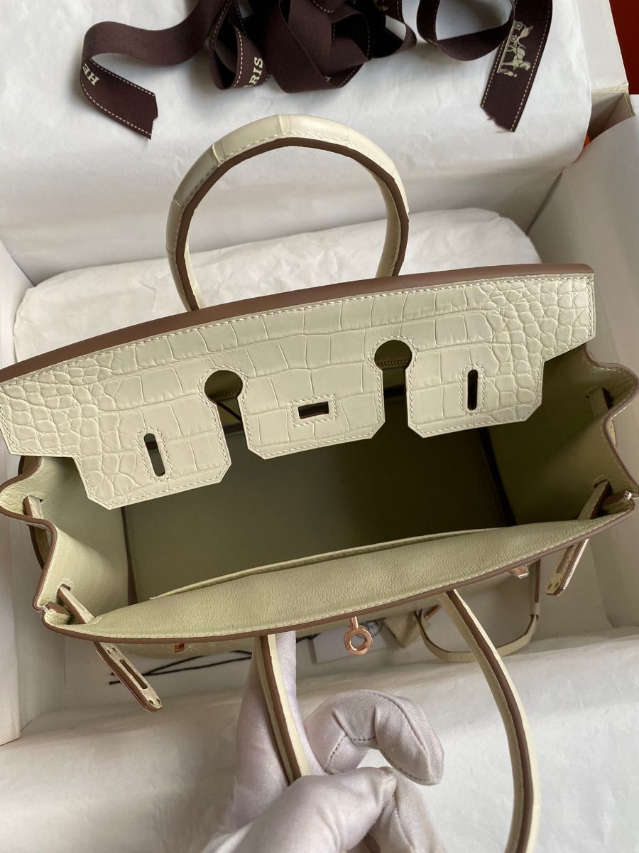 Hermes Birkin 25 Retourne Handmade Bag In Nata Matte Alligator Leather - Image 8