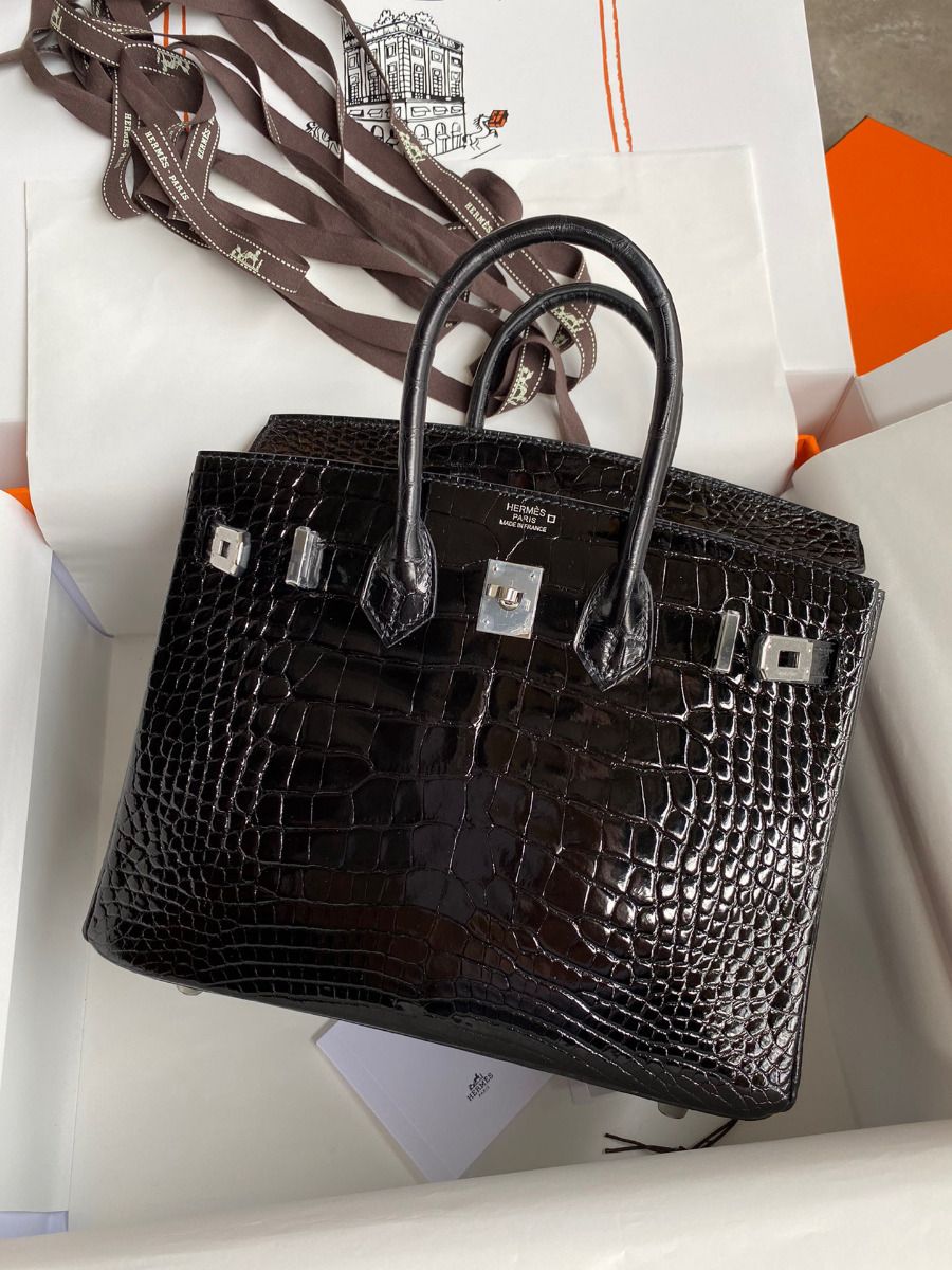 Hermes Birkin 25 Retourne Handmade Bag In Black Shiny Alligator Leather - Image 10