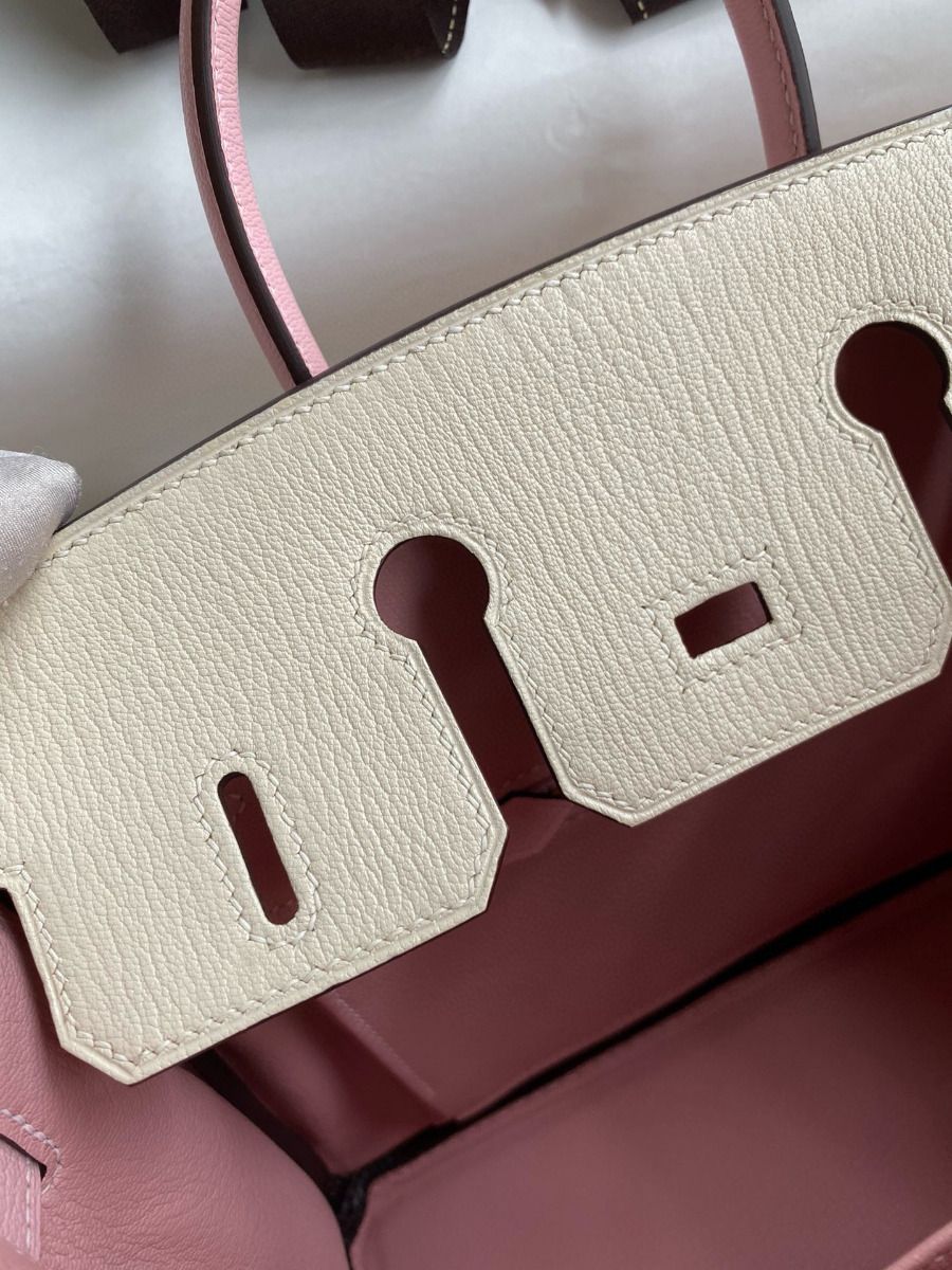 Hermes HSS Birkin 25 Bicolor Bag in Craie and Pink Chevre Mysore Leather - Image 8