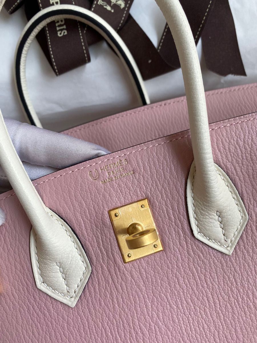 Hermes HSS Birkin 25 Bicolor Bag in Pink and Craie Chevre Mysore Leather - Image 7